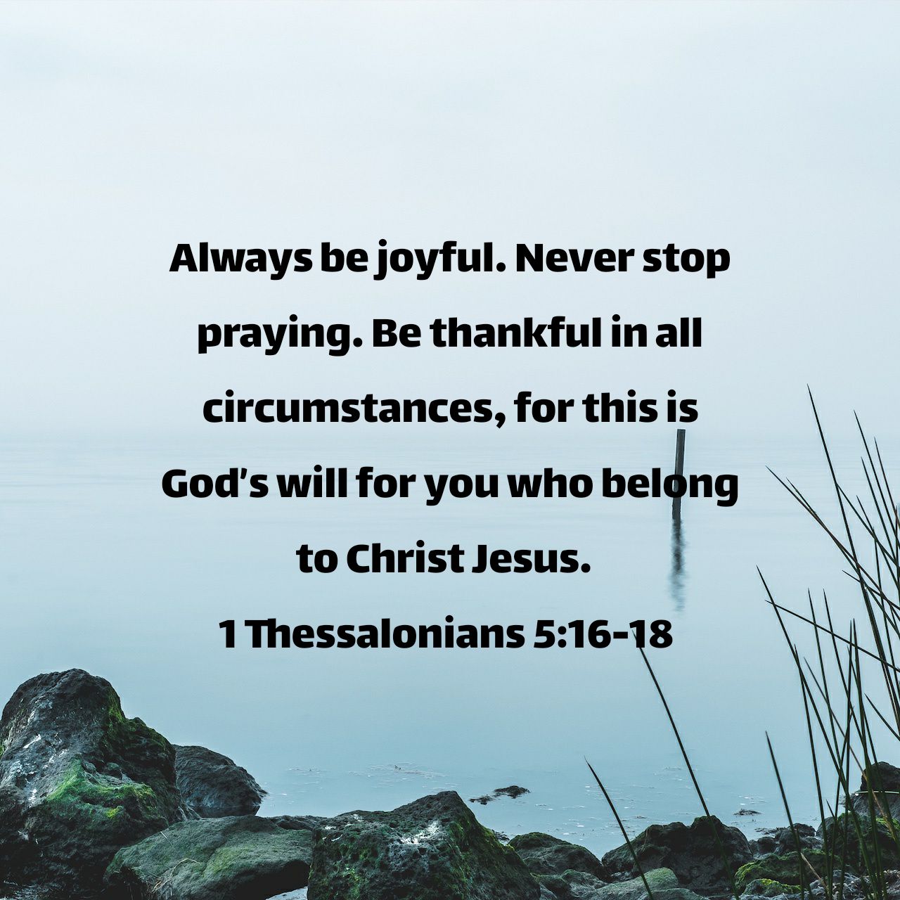 1 Thessalonians 5:16-18 NLT Always be joyful. Never stop praying. Be thankful in all circumstances, for this is God’s will for you who belong to Christ Jesus. - 1 Thessalonians 5:16-18 NLT